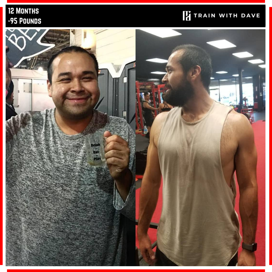 Adolfo before and after — 95 pounds lost over 12 months