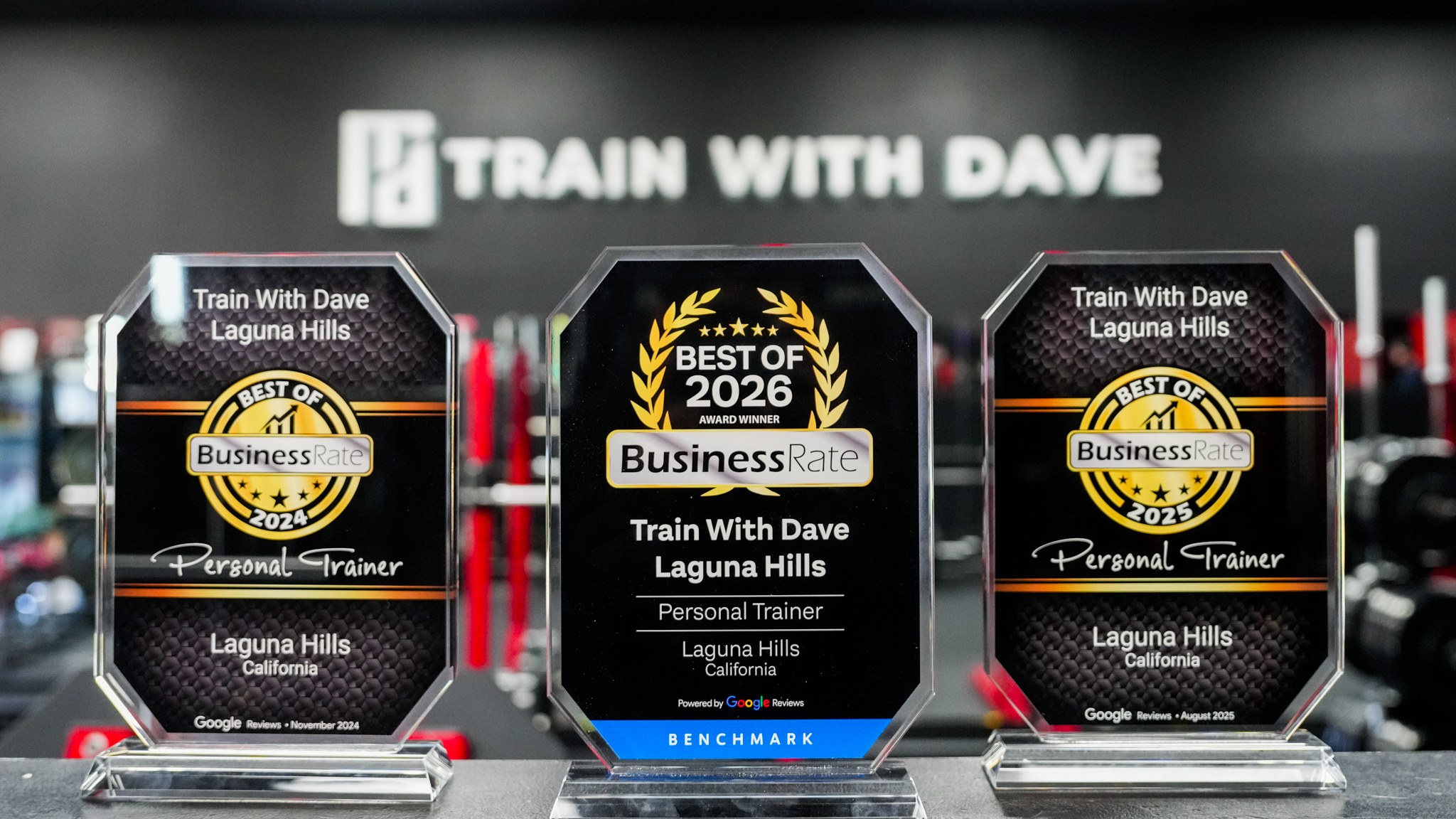 Three Train With Dave Laguna Hills award plaques on display — Business Rate Best Personal Training in Laguna Hills 2024, 2025, and 2026