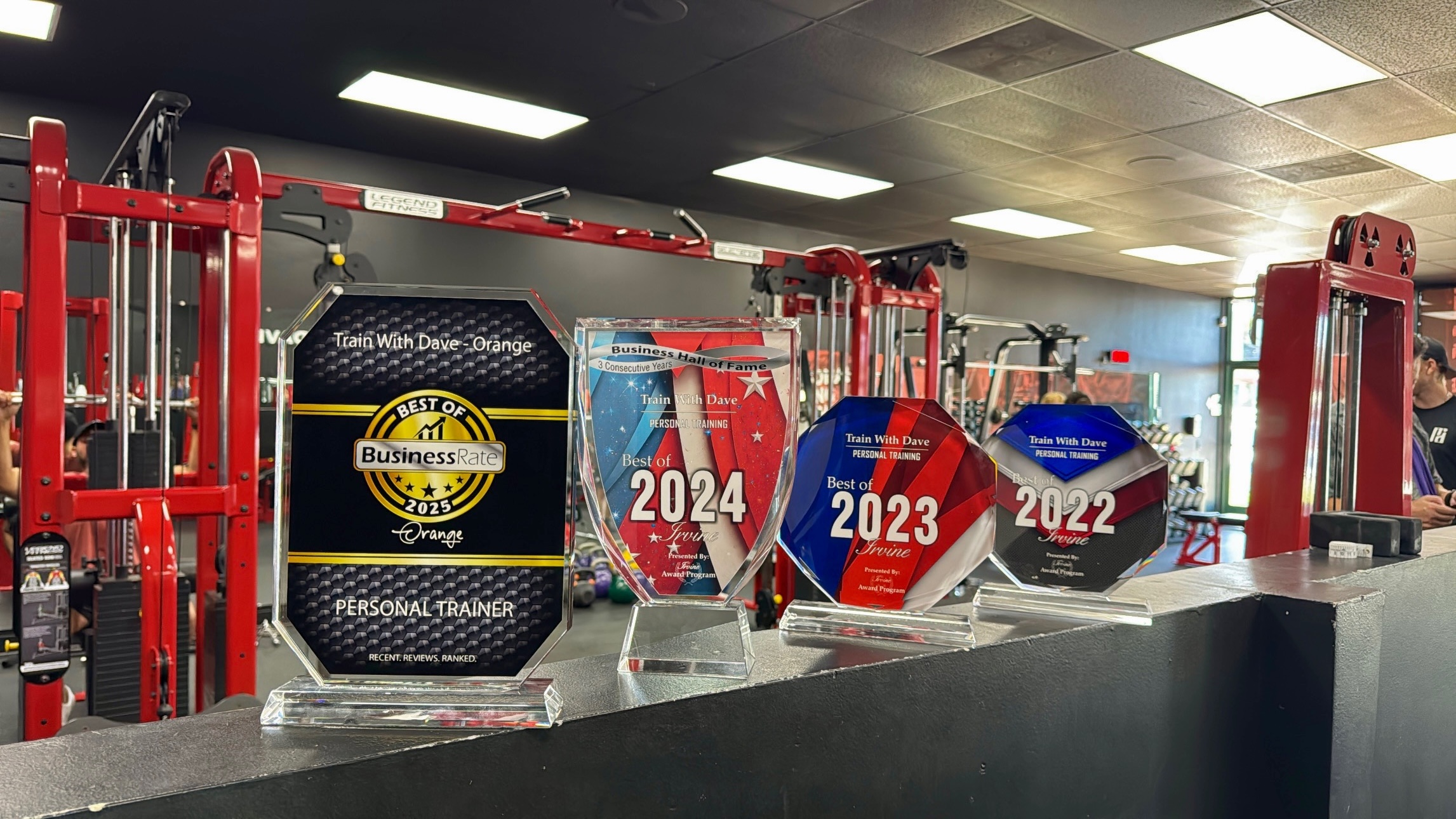 Train With Dave awards — Best of Irvine Personal Training 2022, 2023, 2024, and Best of Orange Personal Trainer of the Year 2025 and 2026