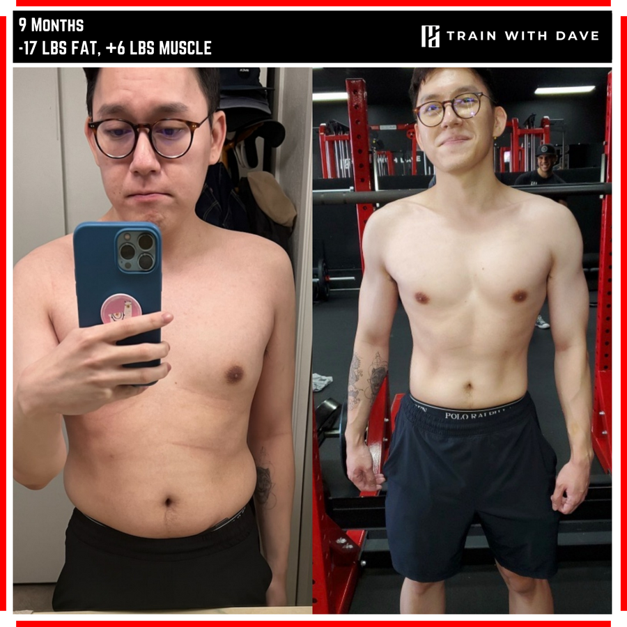 Bryan Ha before and after — 17 pounds of fat lost and 6 pounds of muscle gained over 9 months