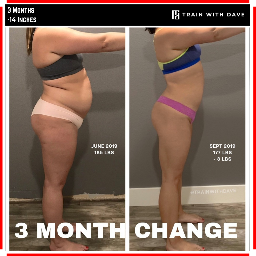 Cristina B. before and after — 8 pounds lost and 14 inches off in 3 months