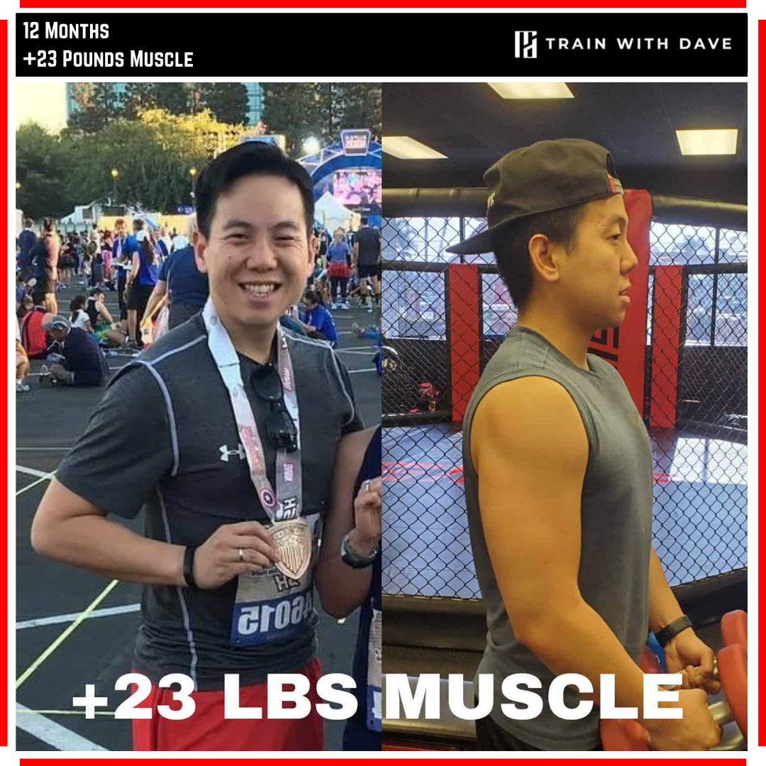 Edwin C. before and after — 23 pounds of muscle gained over 12 months