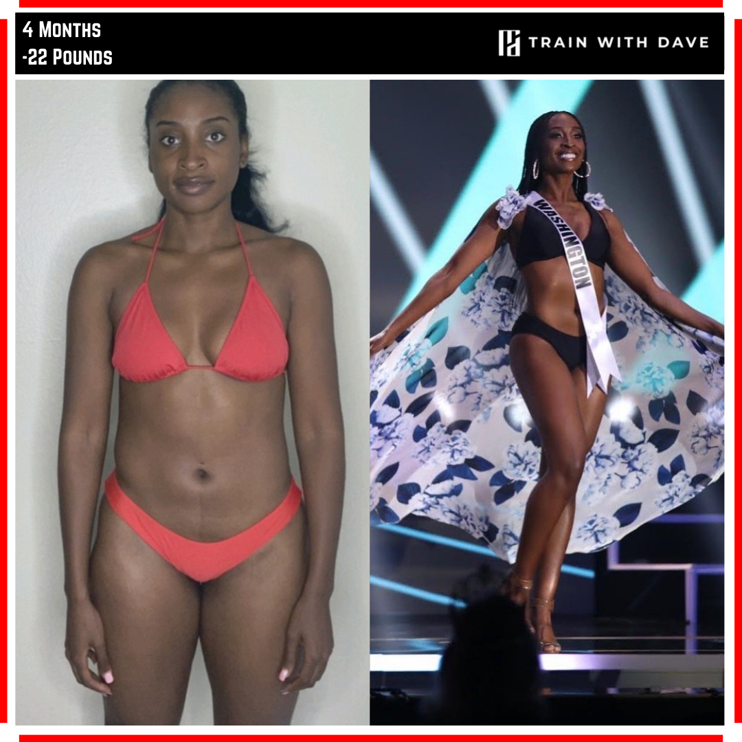 Imani B. before and after — 22 pounds of body fat lost over 4 months