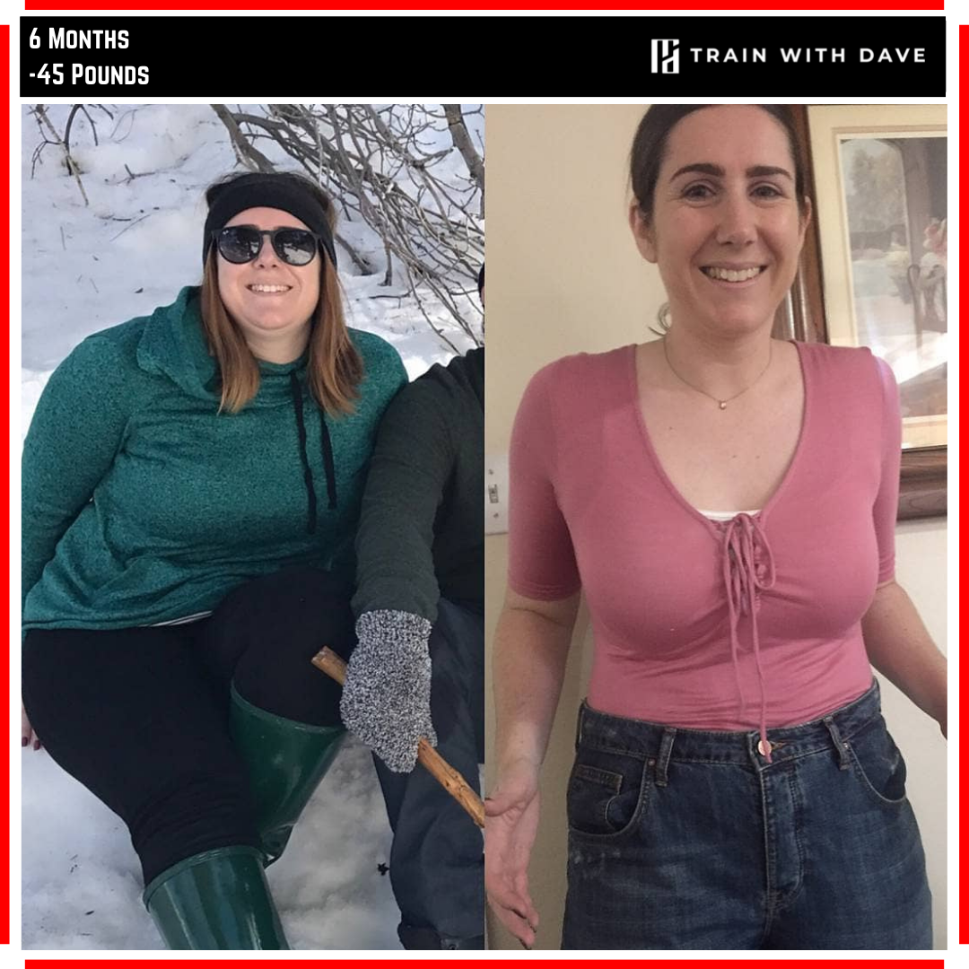 Julia F. before and after — 45 pounds lost over 6 months