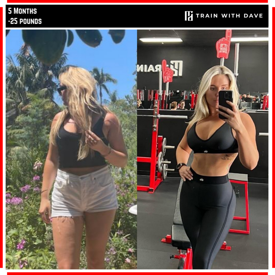 Kelsey before and after — 25 pounds lost, 30% to 19% body fat
