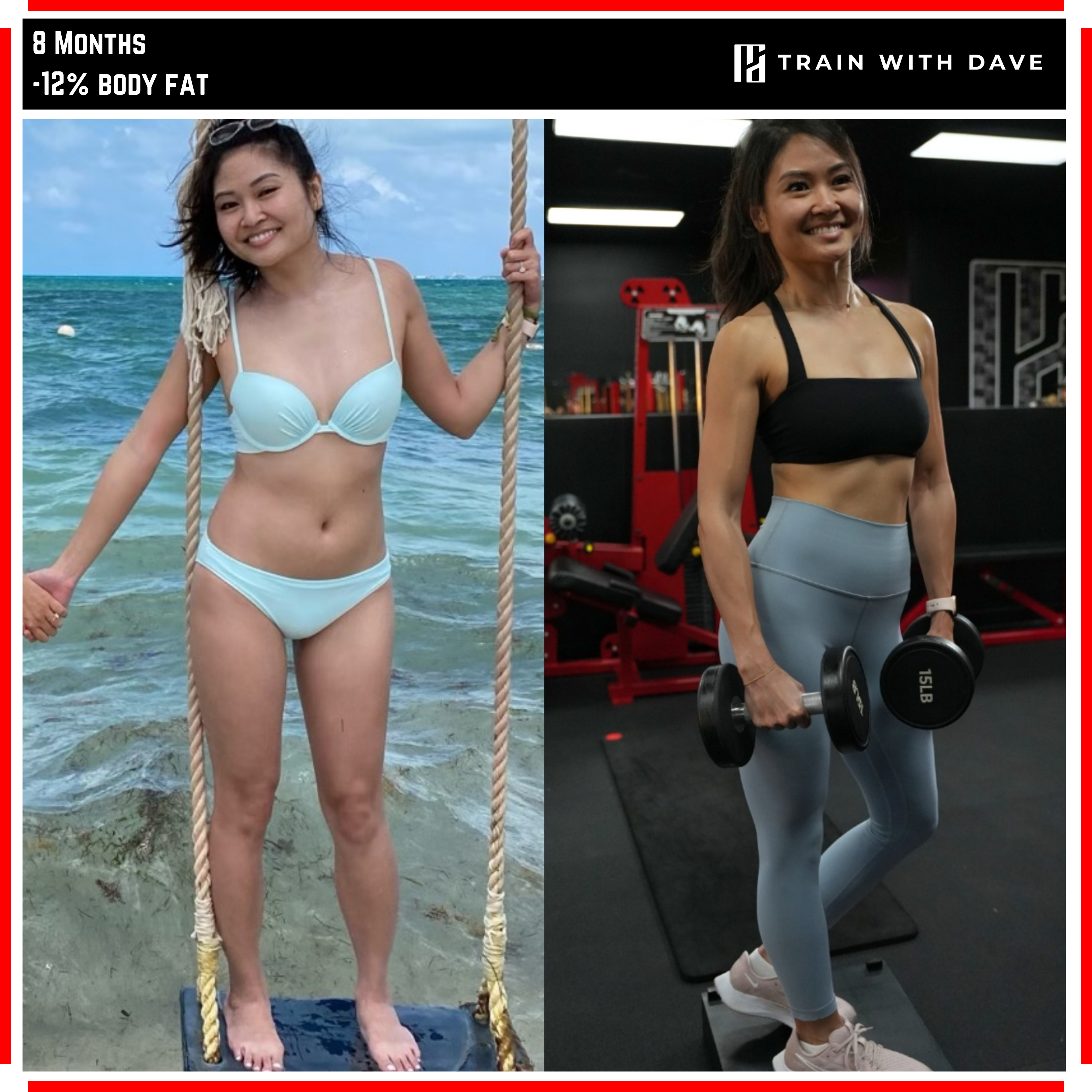 Leyna Khuu before and after — 12% body fat lost over 8 months