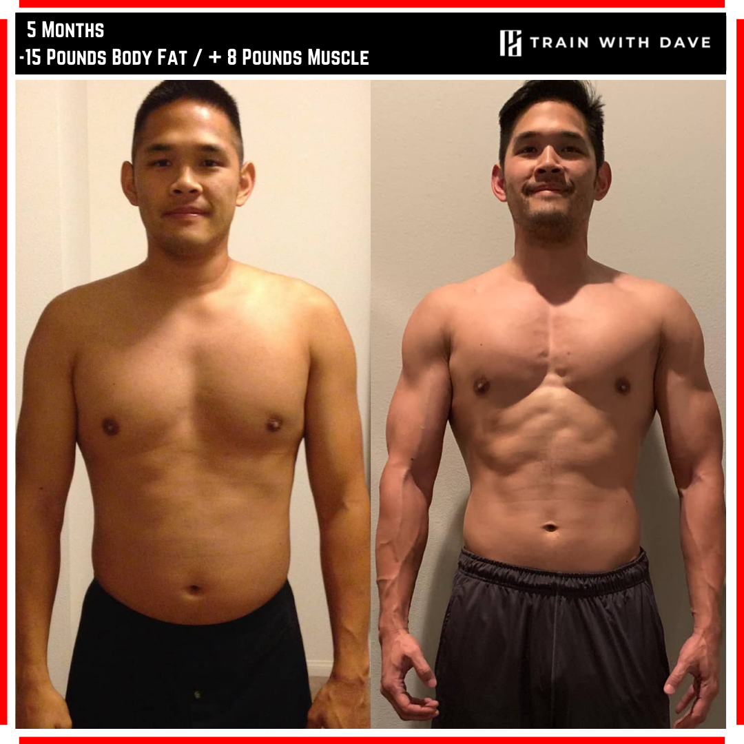 Mark Lee before and after — 15 pounds of fat lost and 8 pounds muscle gained in 5 months