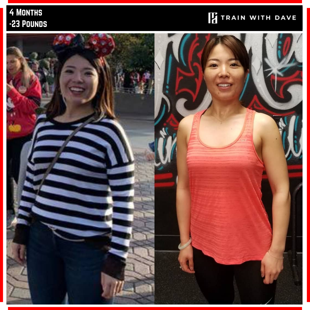 Miyuki before and after — 23 pounds lost over 4 months