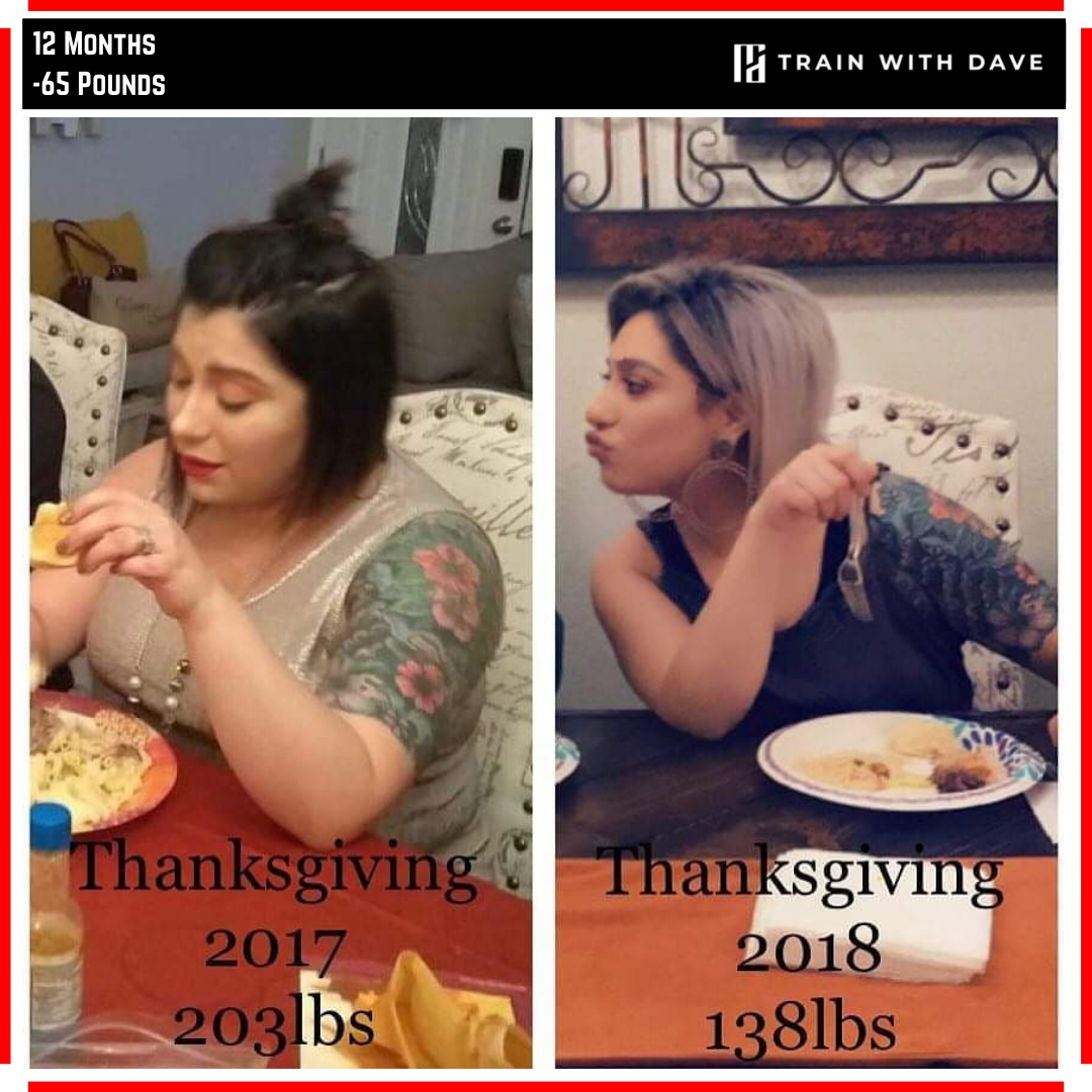 Monica before and after — 65 pounds lost over 12 months