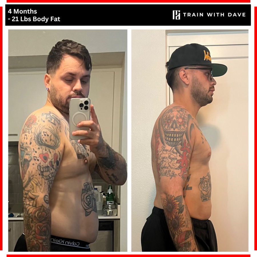 OC client before and after — 21 pounds of body fat lost over 4 months