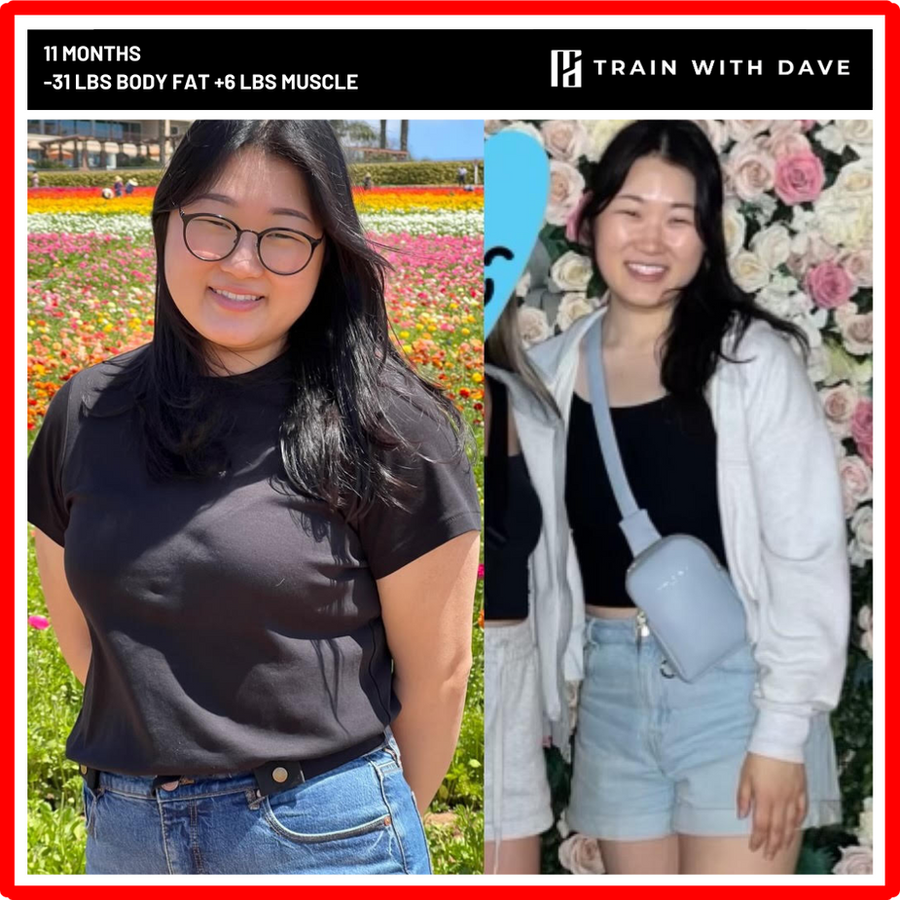 OC client before and after — 31 pounds of body fat lost and 6 pounds of muscle gained over 11 months