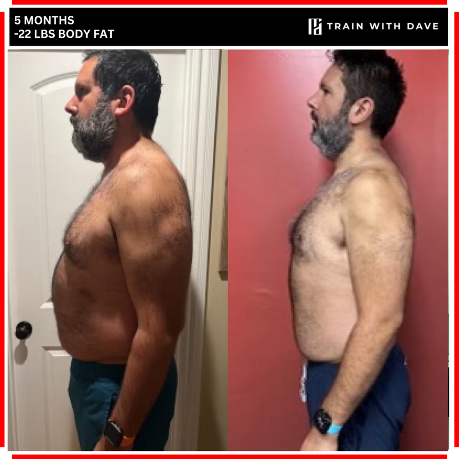 OC client before and after — 22 pounds of body fat lost over 5 months