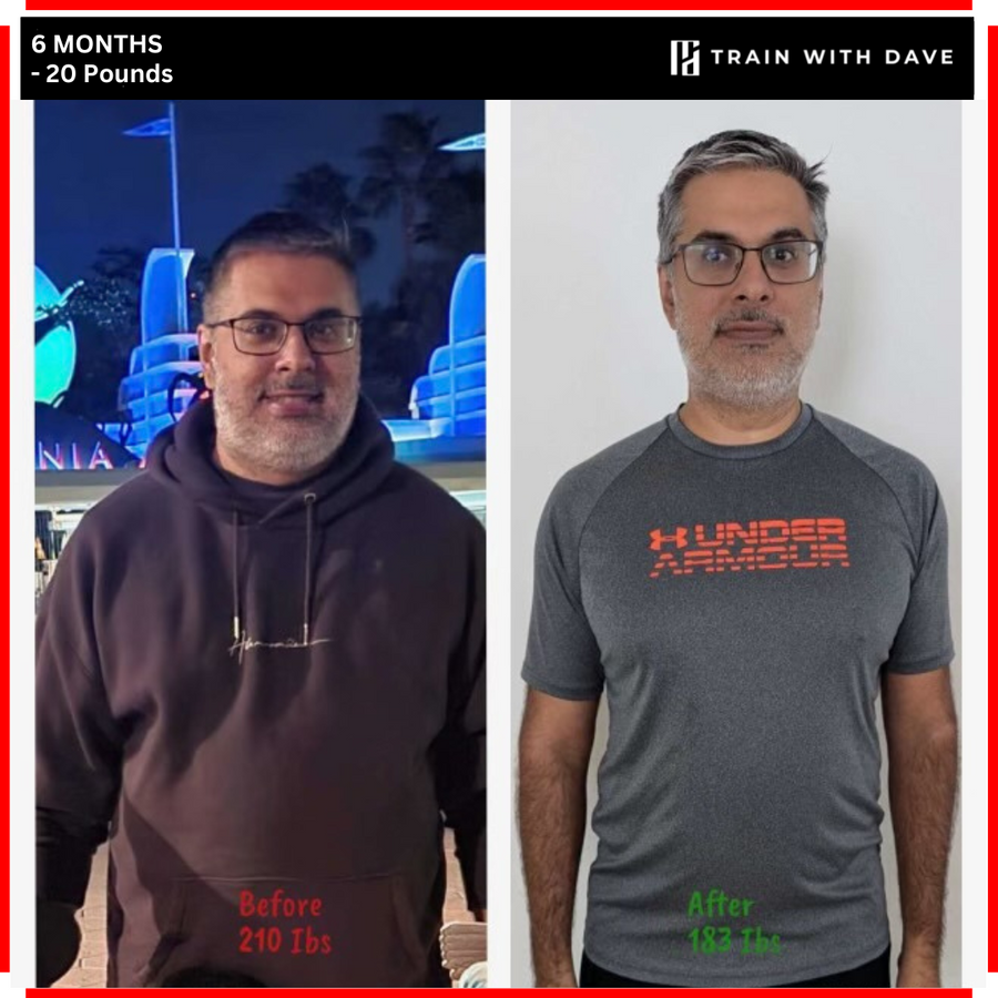 OC client before and after — 20 pounds lost over 6 months