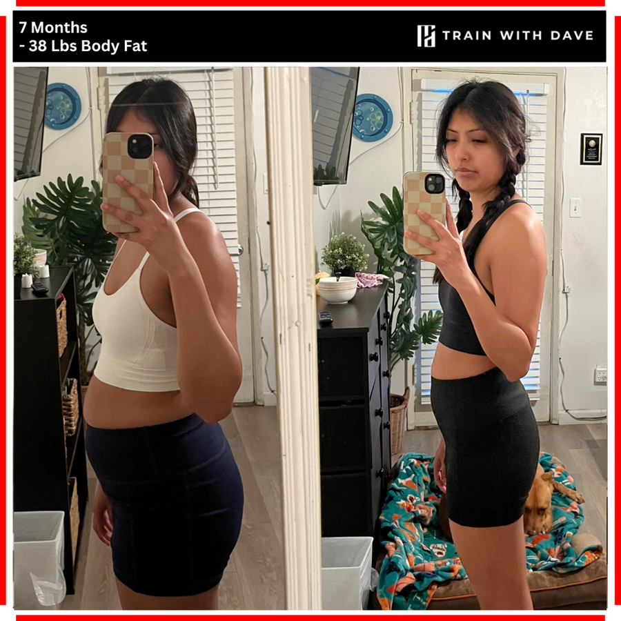 OC client before and after — 38 pounds of body fat lost over 7 months