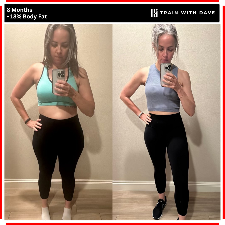 OC client before and after — 18% body fat lost over 8 months