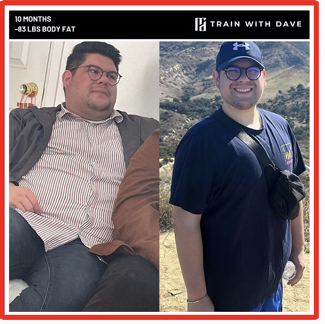 Raymond before and after — 83 pounds of body fat lost over 10 months