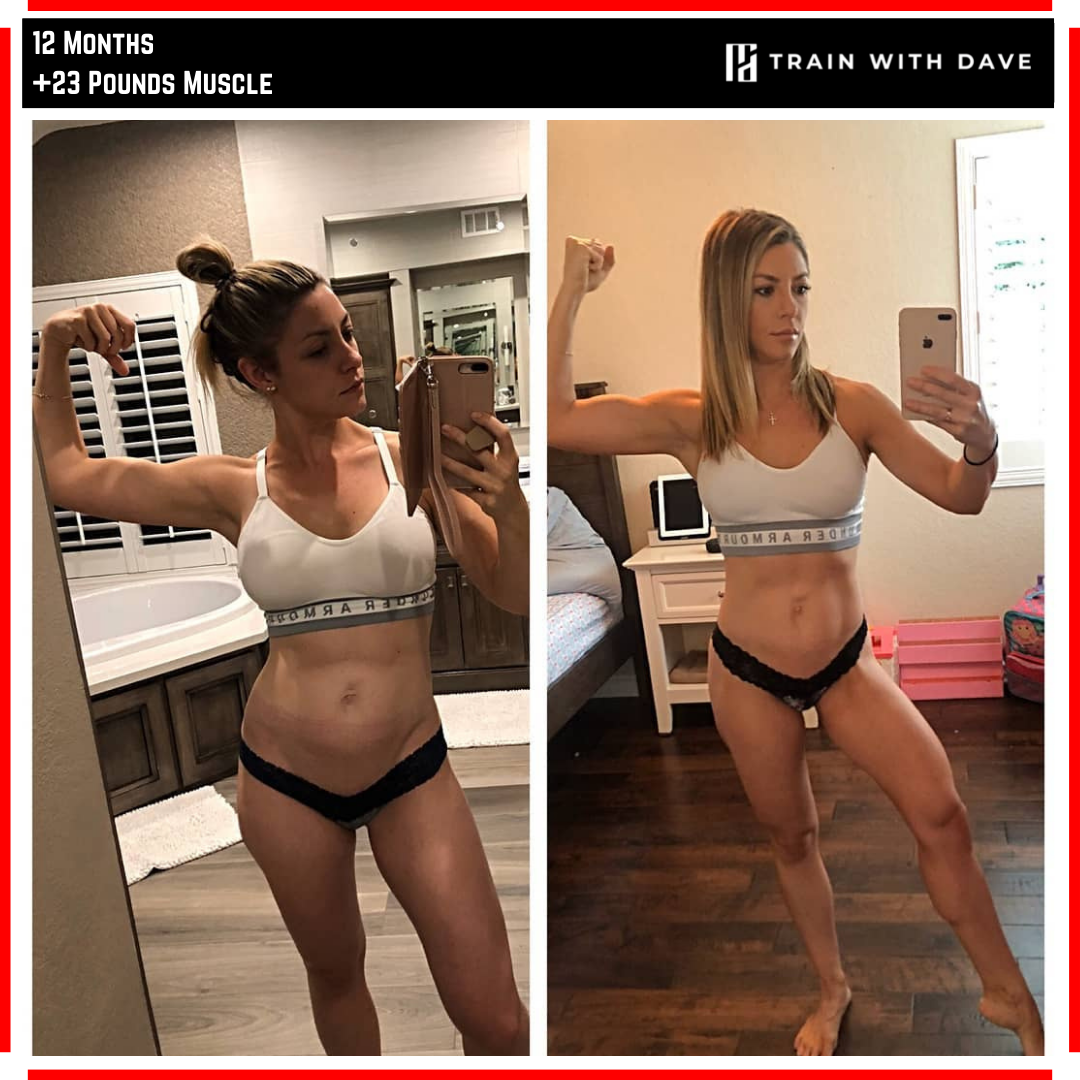 Sandra before and after — 23 pounds of muscle gained over 12 months