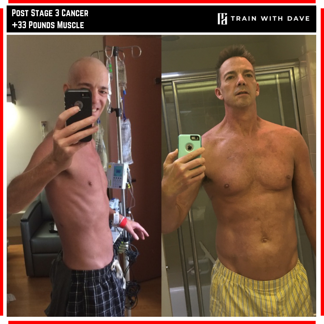 Scott S. before and after — 33 pounds of muscle gained post stage 3 cancer